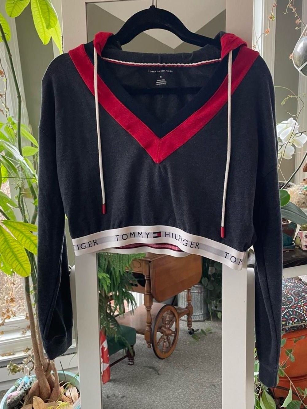 Tommy Hilfiger navy and red cropped hoodie.